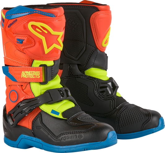 Alpinestars Kids Tech 3S Boots - Fluorescent Orange, Yellow, and Blue for Youth Riders, US 10 / EU 28