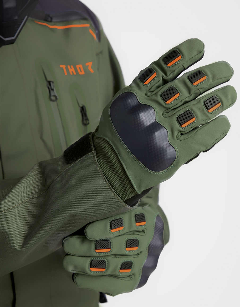 THOR Range Gloves Army/Orange Large - Waterproof and Breathable Motorcycle Gloves with Touchscreen Compatibility