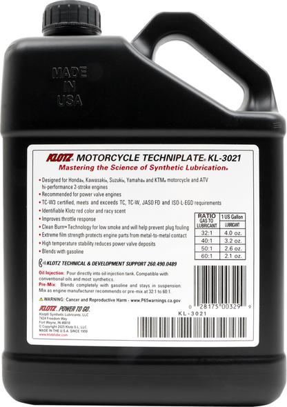 Klotz Oil TC-W 3® 2-Stroke Engine Oil – 1 Gallon, KL-3021, for Off-Road Motorcycles and Powersports Vehicles