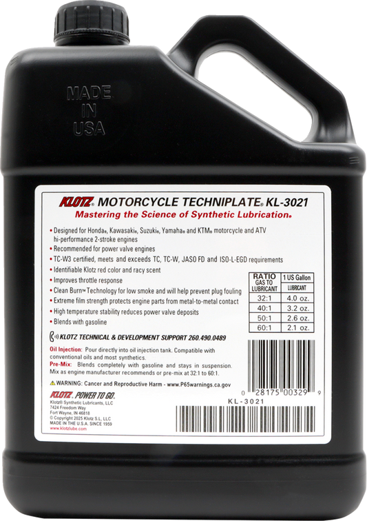 Klotz Oil TC-W 3® 2-Stroke Engine Oil – 1 Gallon, KL-3021, for Off-Road Motorcycles and Powersports Vehicles