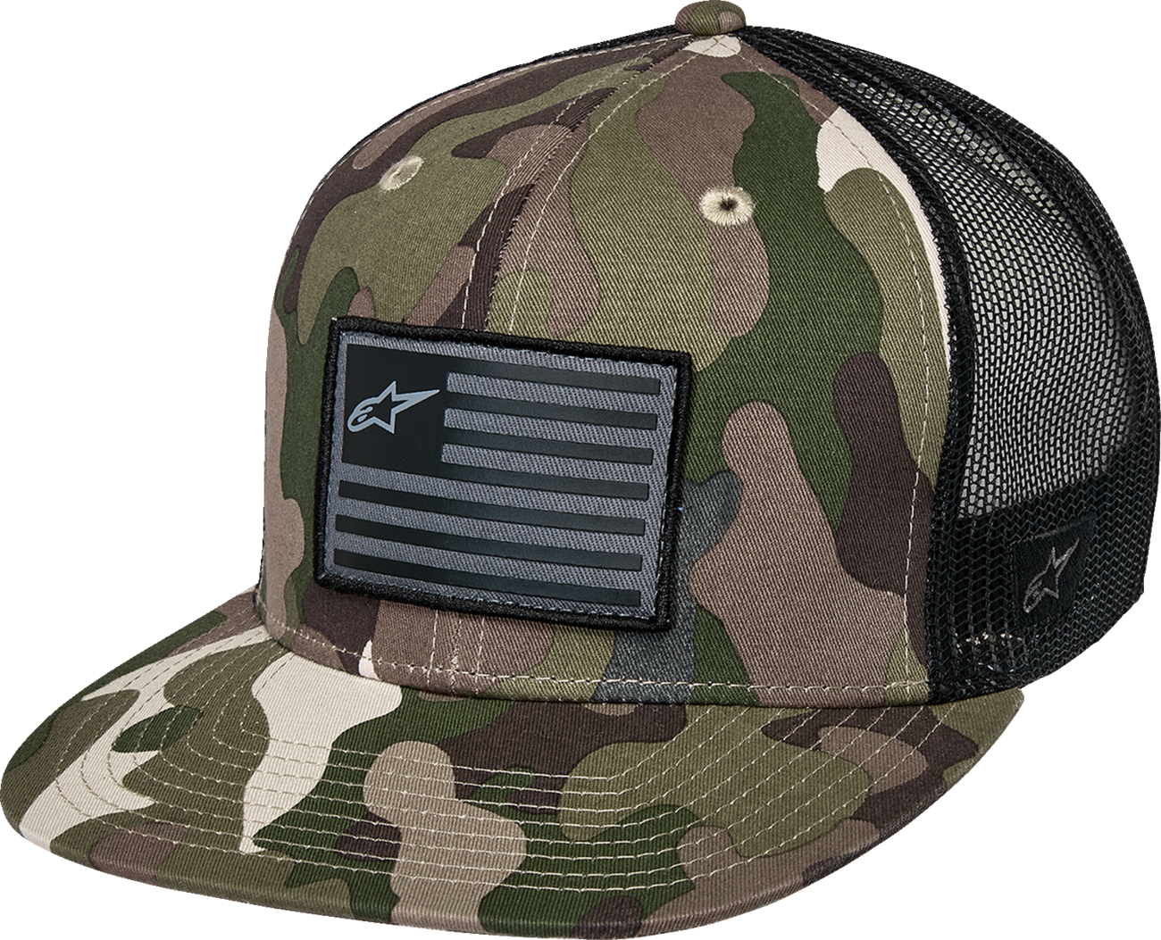 Alpinestars Flag Flat Trucker Hat – Camo Green and Black, Part Number 1235-81960-6173-OS