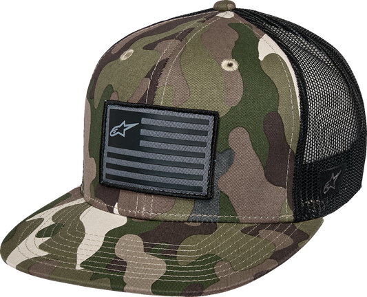 Alpinestars Flag Flat Trucker Hat – Camo Green and Black, Part Number 1235-81960-6173-OS