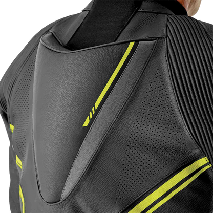 RST S1 D3O Leather Suit with Level 1 Armor - Black, Gray, and Fluorescent Yellow, Size Small
