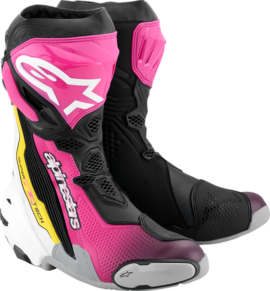 Alpinestars Supertech R Motorcycle Boots - Black, Magenta, White & Yellow, US 12.5 / EU 48 (Part #2220021-1634-48)
