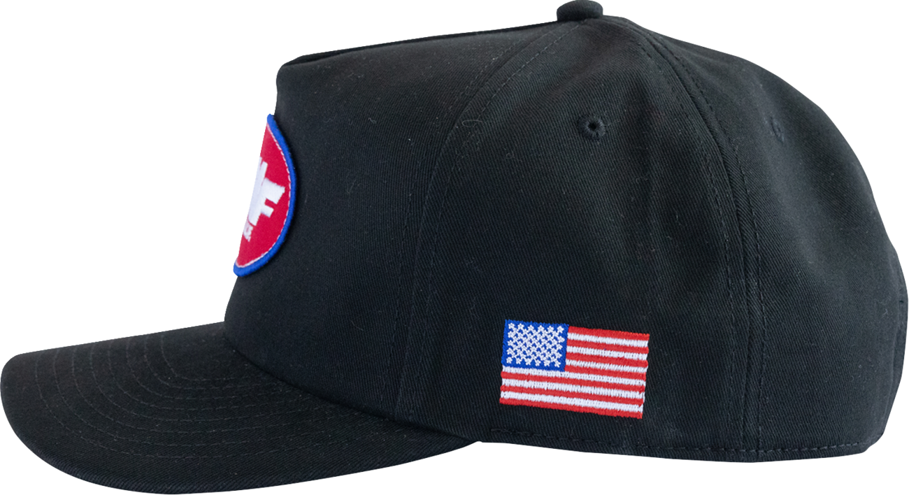 FMF Machinist Hat Black SU26196902BLKOS - 5 Panel Twill Snapback with Damask Woven Label and Side Embroidery
