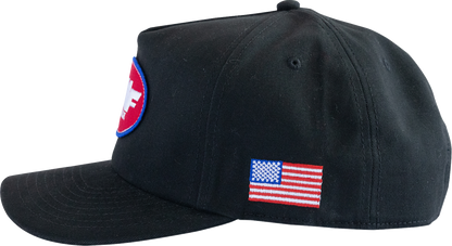 FMF Machinist Hat Black SU26196902BLKOS - 5 Panel Twill Snapback with Damask Woven Label and Side Embroidery
