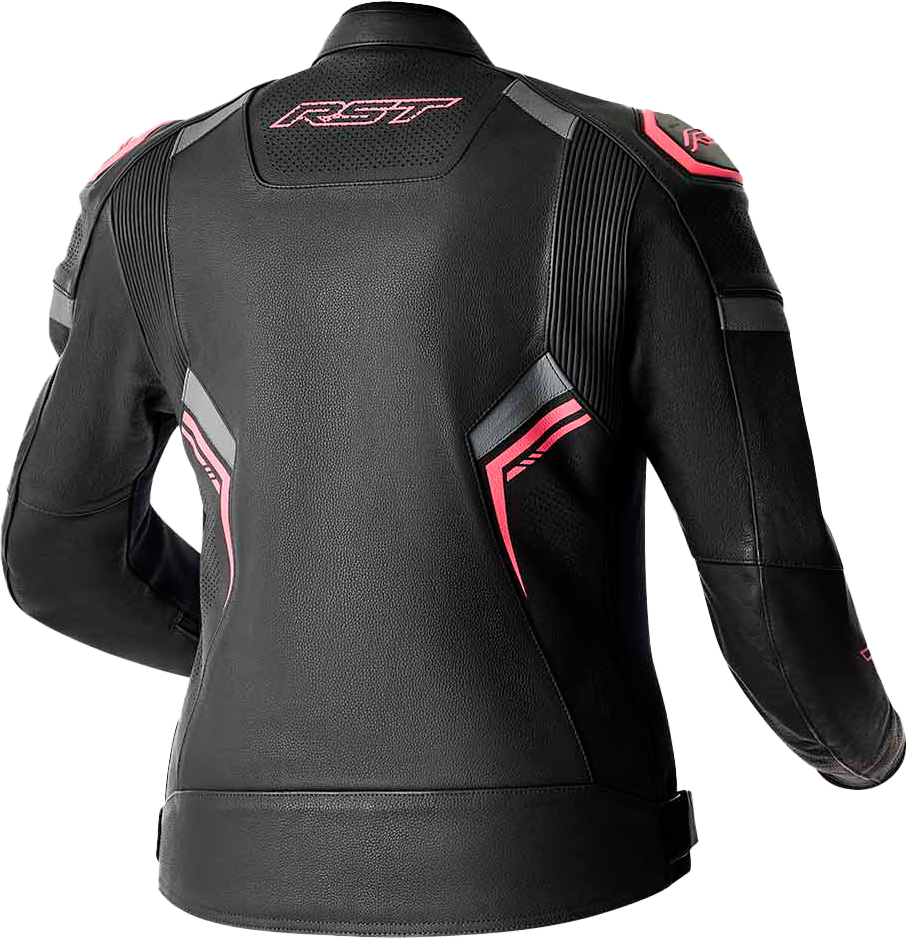 RST Women's S1 D3o Leather Jacket in Black and Fluorescent Pink, Large
