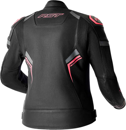 RST Women's S1 D3o Leather Jacket Black and Fluorescent Pink, Size XS