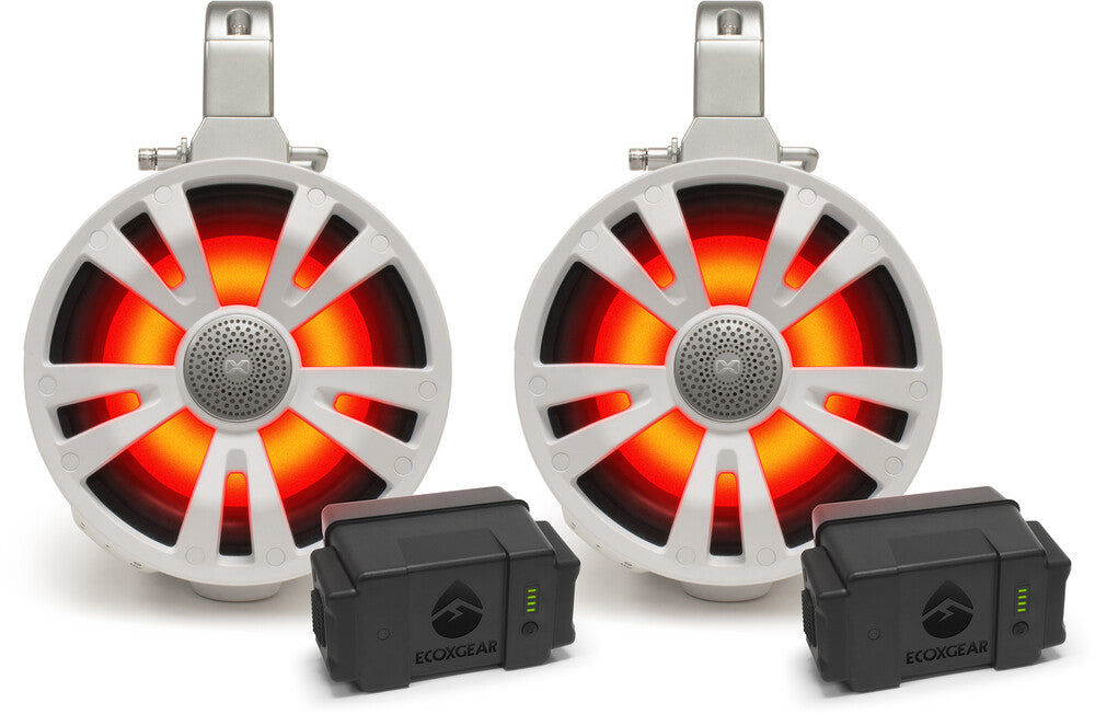 Ecoxgear Extreme Tower 8"-2Amp Speakers 2-Speakers+2 Batteries White