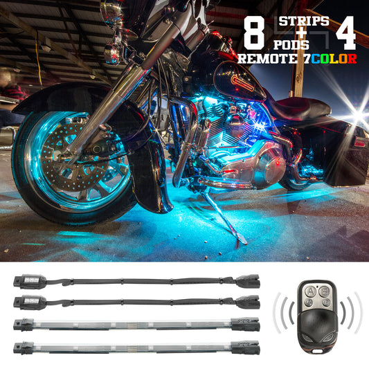 Multi-color Motorcycle LED Accent Light Kit w/Remote Key Fob