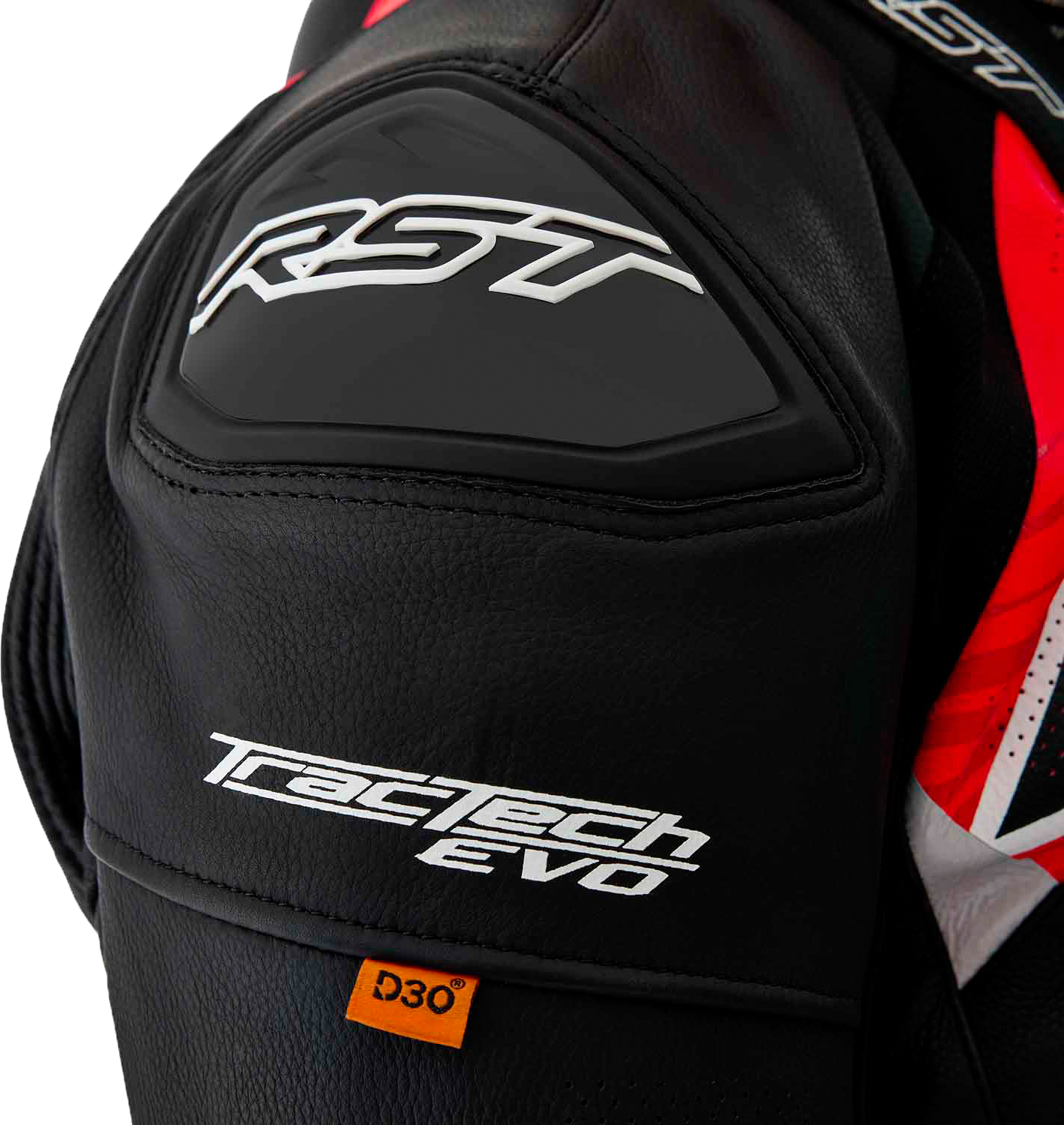 RST Tractech Evo D3O Leather Motorcycle Jacket with CE AAA Certification and Level 2 Armor – Black and Fluorescent Red, Size Small