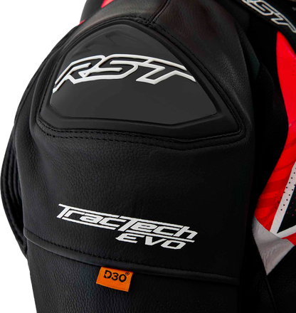RST Tractech Evo D3O Leather Motorcycle Jacket with CE AAA Certification and Level 2 Armor – Black and Fluorescent Red, Size Small