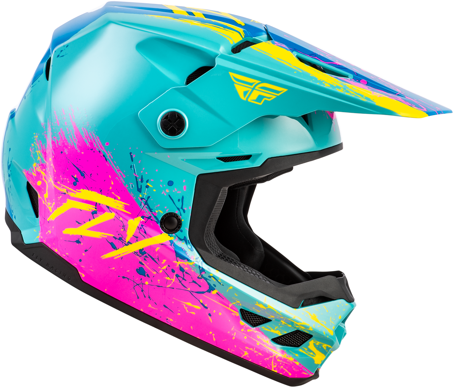 FLY Racing Youth Kinetic Drip Helmet Turquoise Pink Yellow YL – Lightweight Off-Road Motorcycle Helmet with Ventilation and Custom Fit