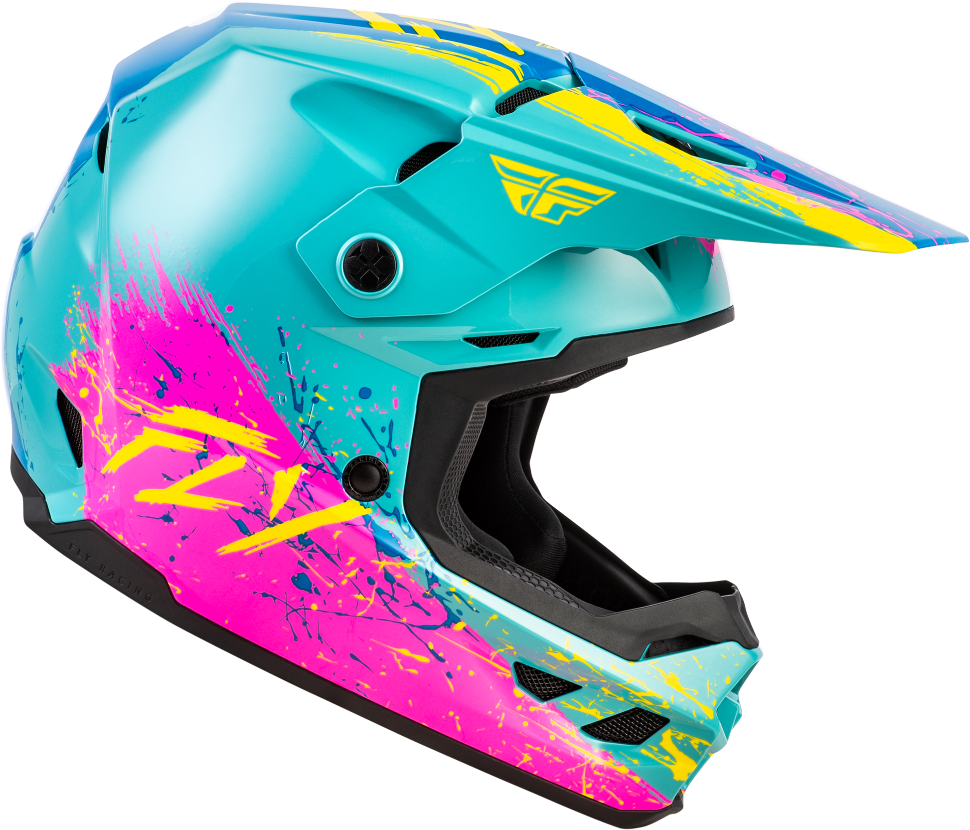 FLY Racing Youth Kinetic Drip Helmet Turquoise Pink Yellow YL – Lightweight Off-Road Motorcycle Helmet with Ventilation and Custom Fit