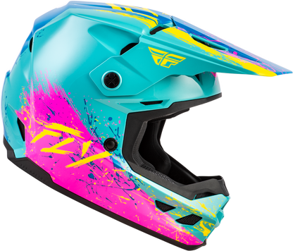FLY Racing Youth Kinetic Drip Helmet Turquoise Pink Yellow YL – Lightweight Off-Road Motorcycle Helmet with Ventilation and Custom Fit