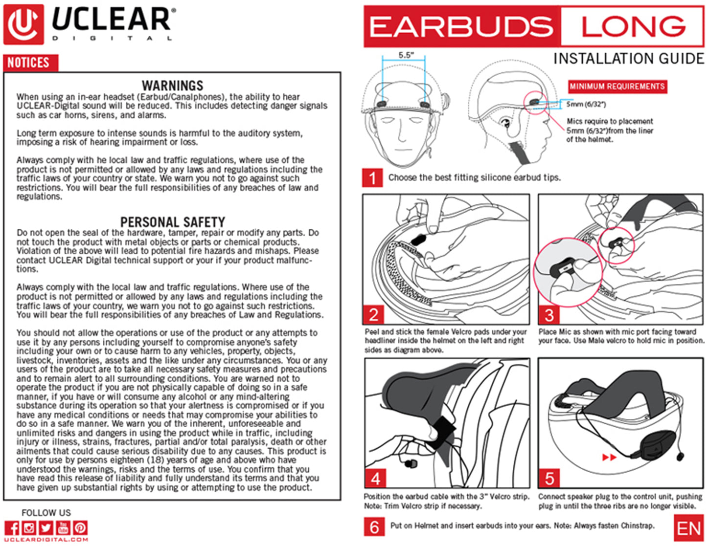 UCLEAR Half Helmet Earbuds for HBC and AMP Series - High-Fidelity Audio with Dual Microphones
