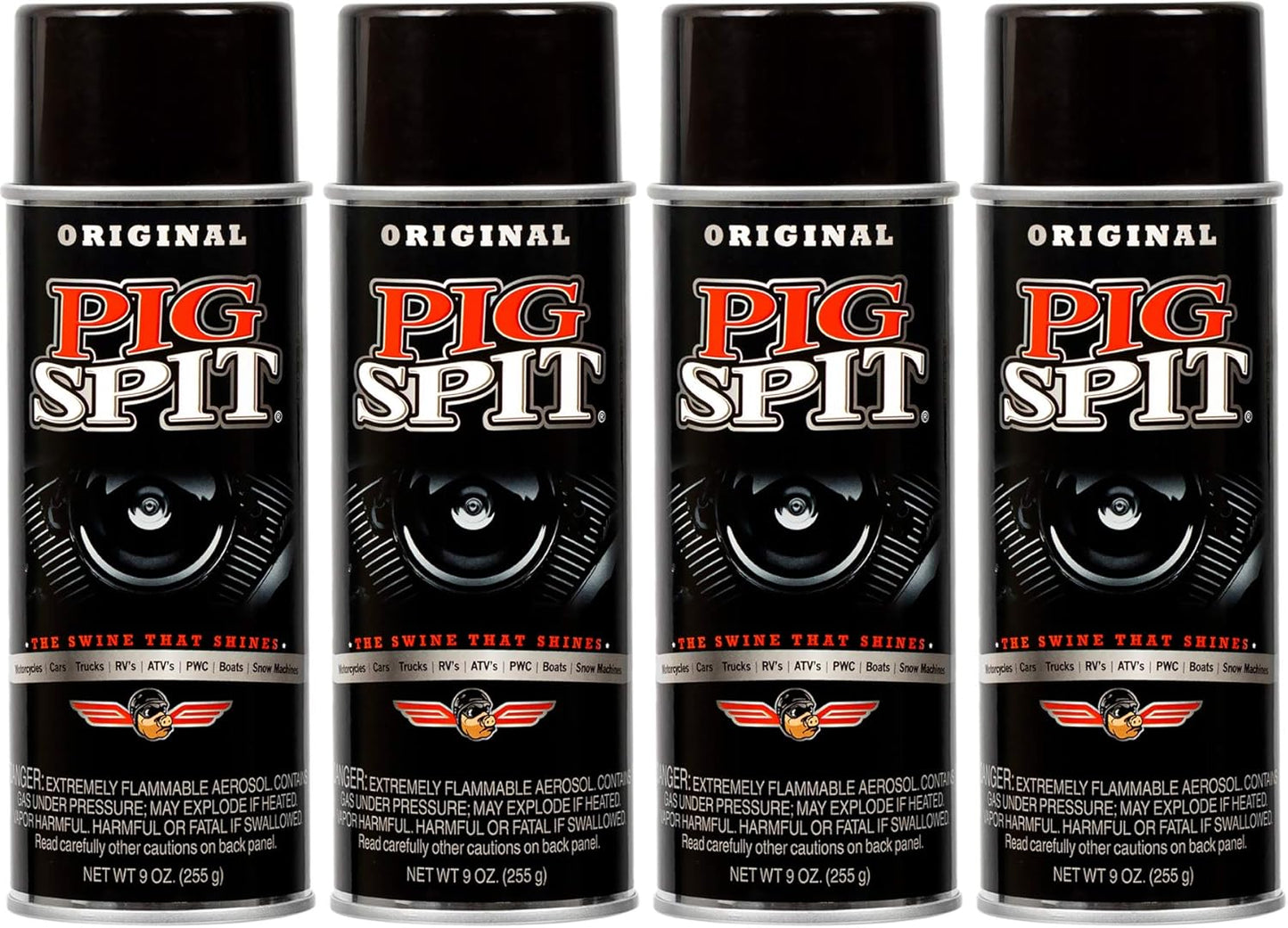 PIG SPIT Original Cleaner 9oz - Restores Faded Rubber, Chrome & More 4-Pack