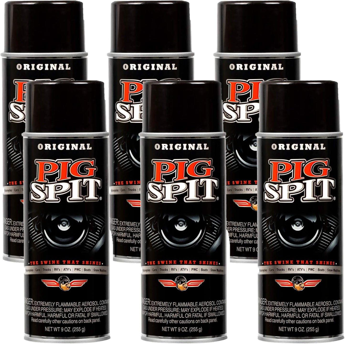 PIG SPIT Original Cleaner 9oz - Restores Faded Rubber, Chrome & More 6-Pack