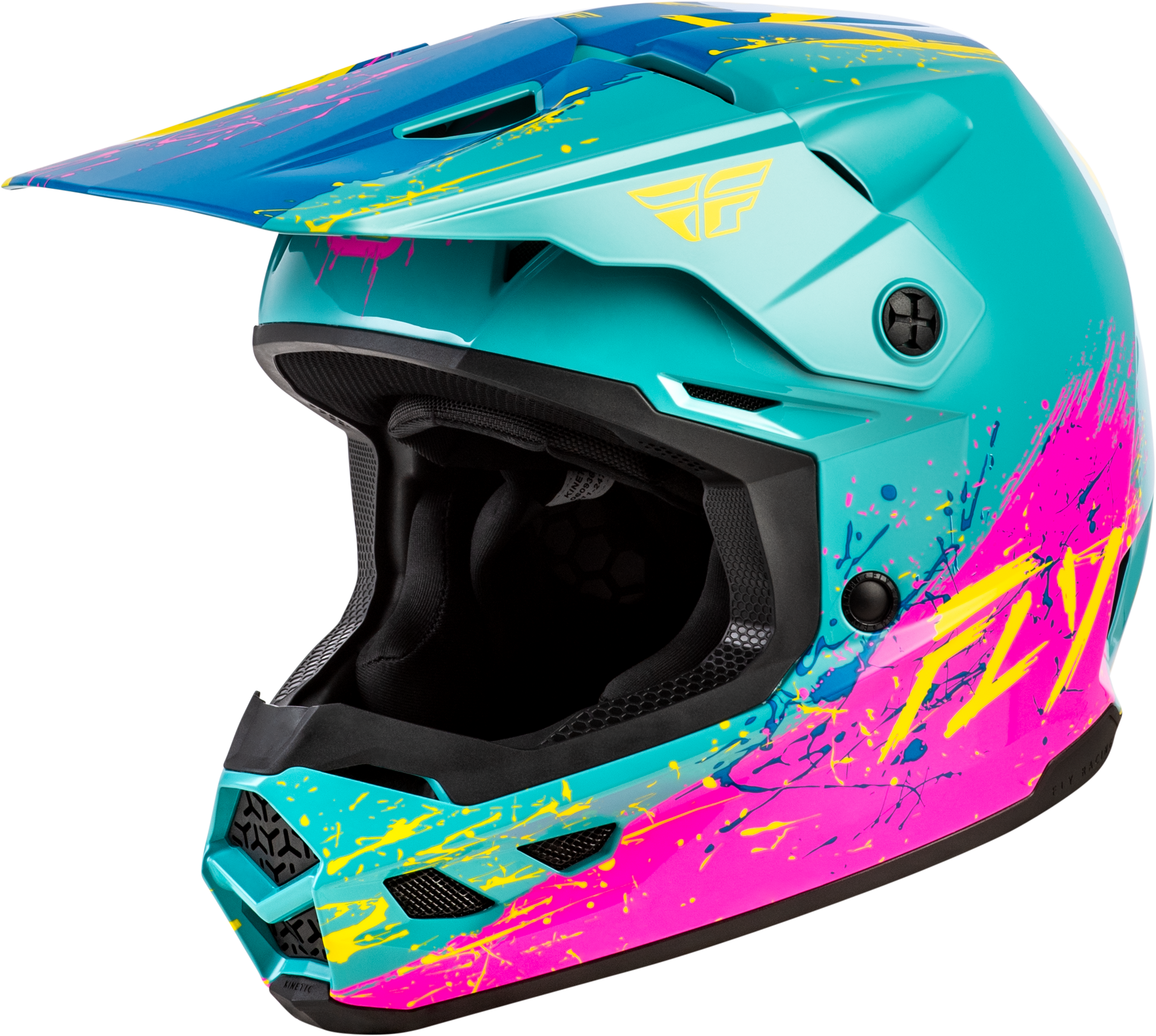 FLY Racing Youth Kinetic Drip Helmet Turquoise Pink Yellow YL – Lightweight Off-Road Motorcycle Helmet with Ventilation and Custom Fit