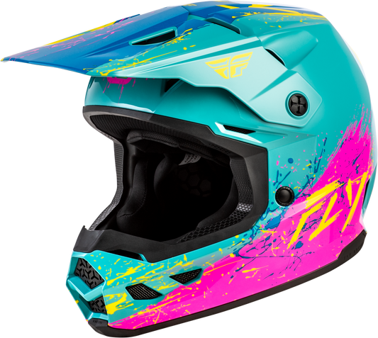 FLY Racing Youth Kinetic Drip Helmet Turquoise Pink Yellow YL – Lightweight Off-Road Motorcycle Helmet with Ventilation and Custom Fit