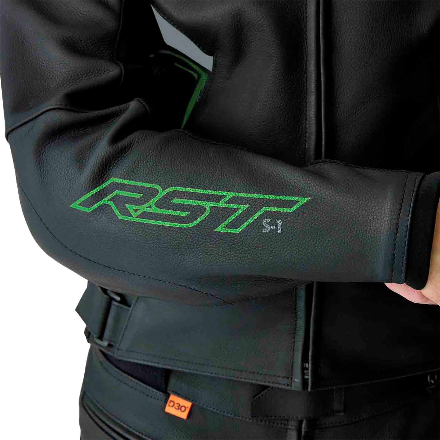 RST S1 D3o Leather Jacket in Black, Gray, and Fluorescent Green - Size Small