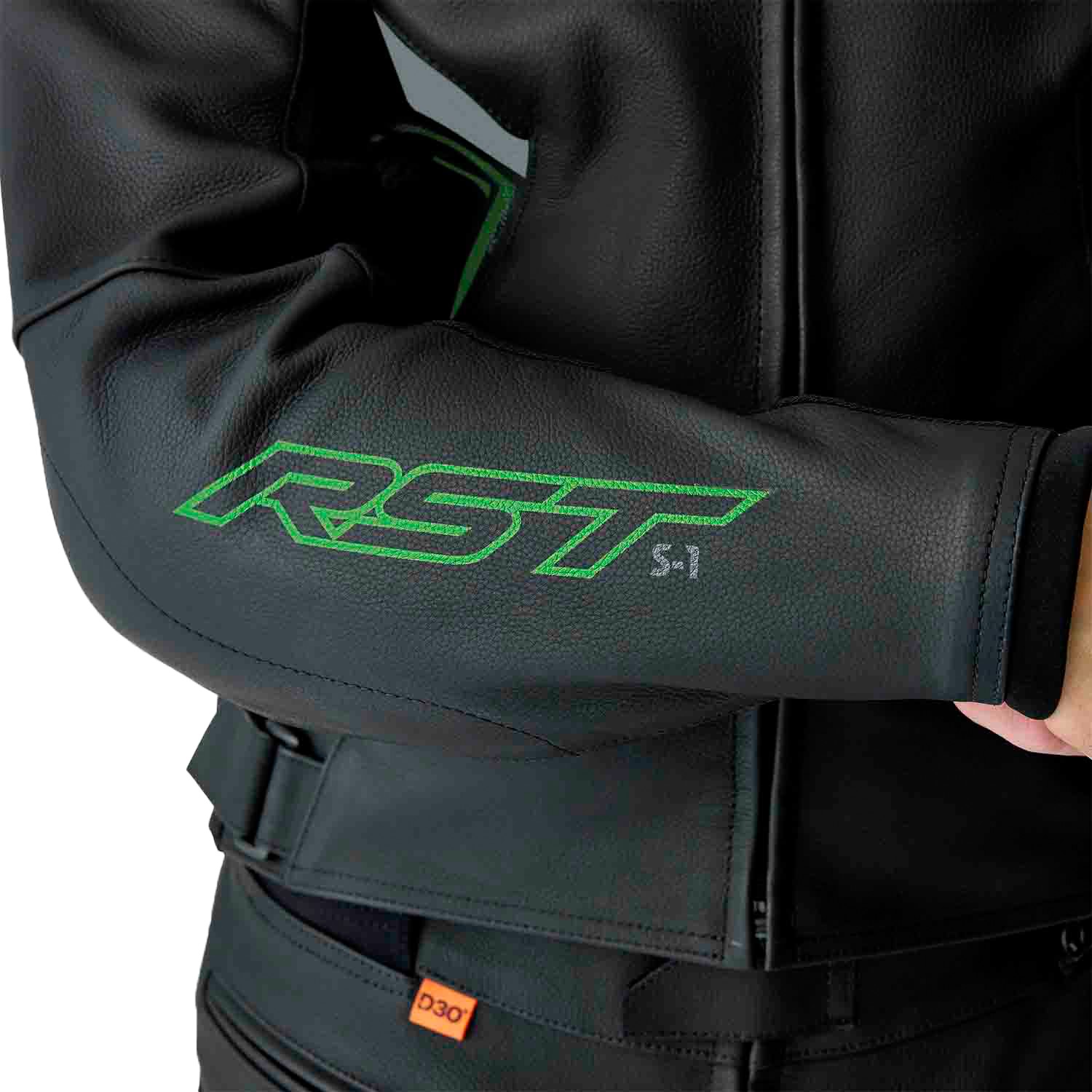 RST S1 D3o Leather Jacket in Black, Gray, and Fluorescent Green - Size Small