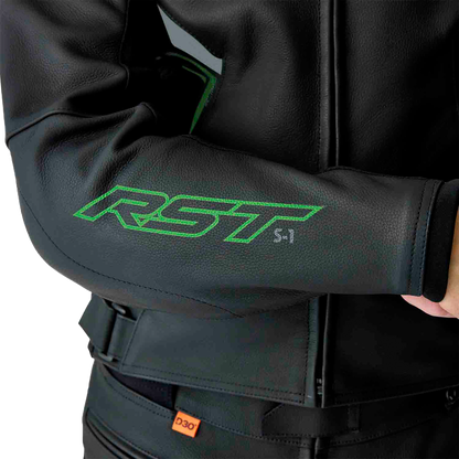 RST S1 D3o Leather Jacket in Black, Gray, and Fluorescent Green - Size Small
