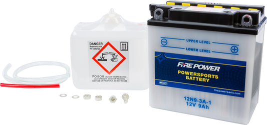 Fire Power 12N9-3A-1 12V Battery with Acid - High Cold Cranking Amps, OEM Compliant