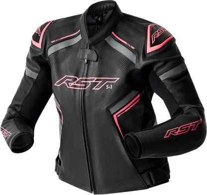 RST Women's S1 D3o Leather Jacket in Black and Fluorescent Pink, Large
