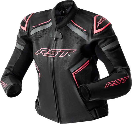 RST Women's S1 D3o Leather Jacket Black and Fluorescent Pink, 2XL