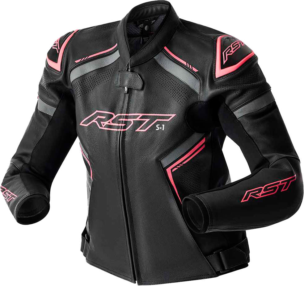 RST Women's S1 D3o Leather Jacket Black and Fluorescent Pink, Size XS