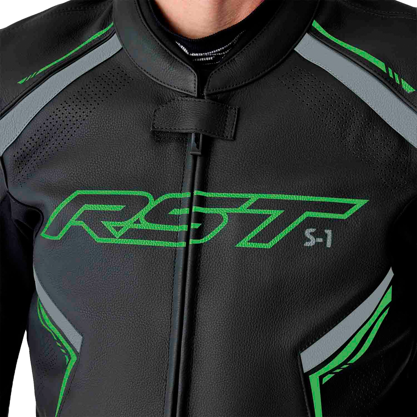 RST S1 D3o Leather Jacket in Black, Gray, and Fluorescent Green - Size Small