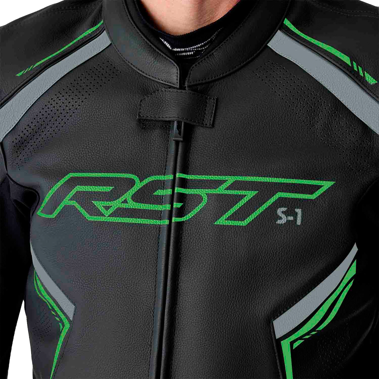 RST S1 D3o Leather Jacket in Black, Gray, and Fluorescent Green - Size Small