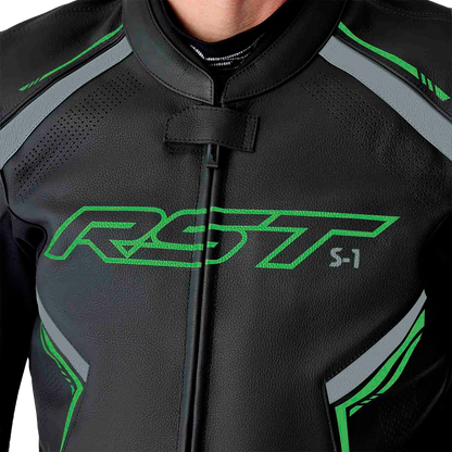 RST S1 D3o Leather Jacket in Black, Gray, and Fluorescent Green - Size Small