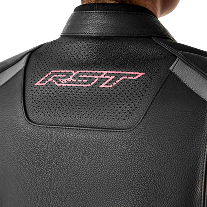 RST Women's S1 D3o Leather Jacket Black and Fluorescent Pink, Size XS