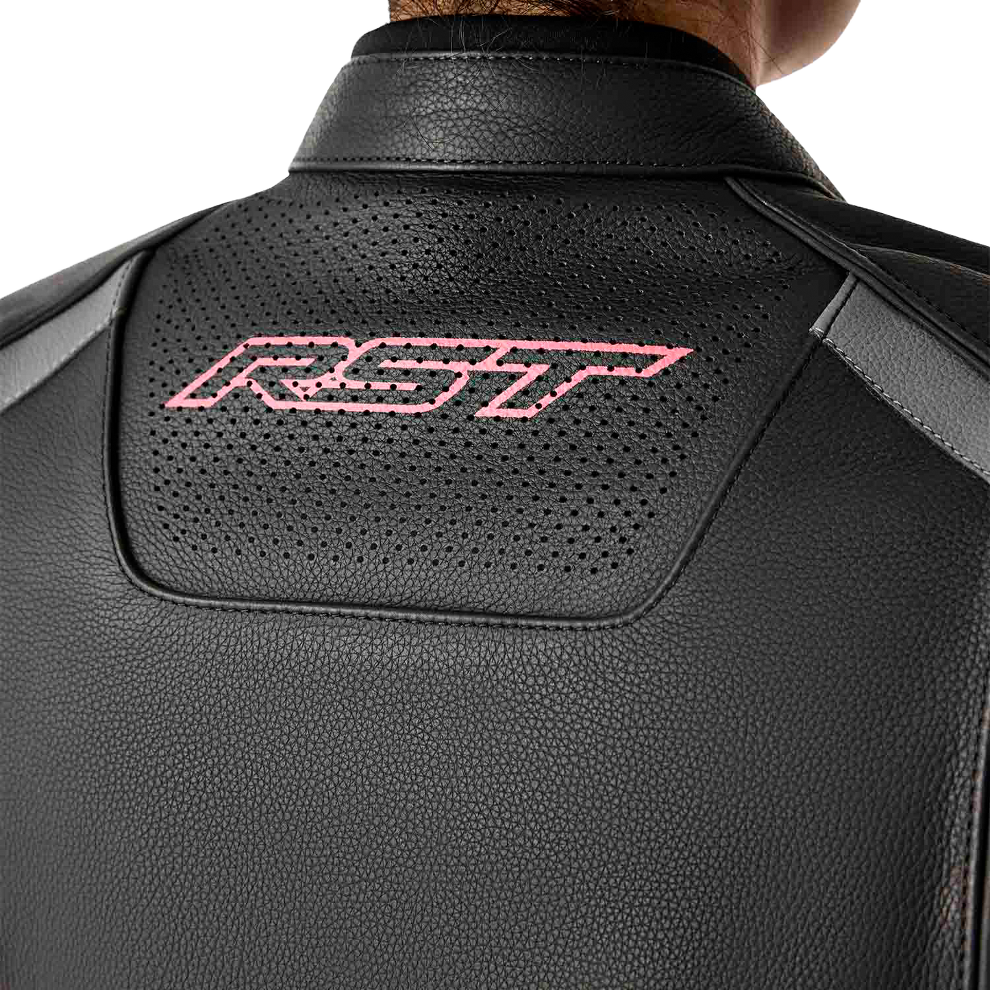 RST Women's S1 D3o Leather Jacket in Black and Fluorescent Pink, Large
