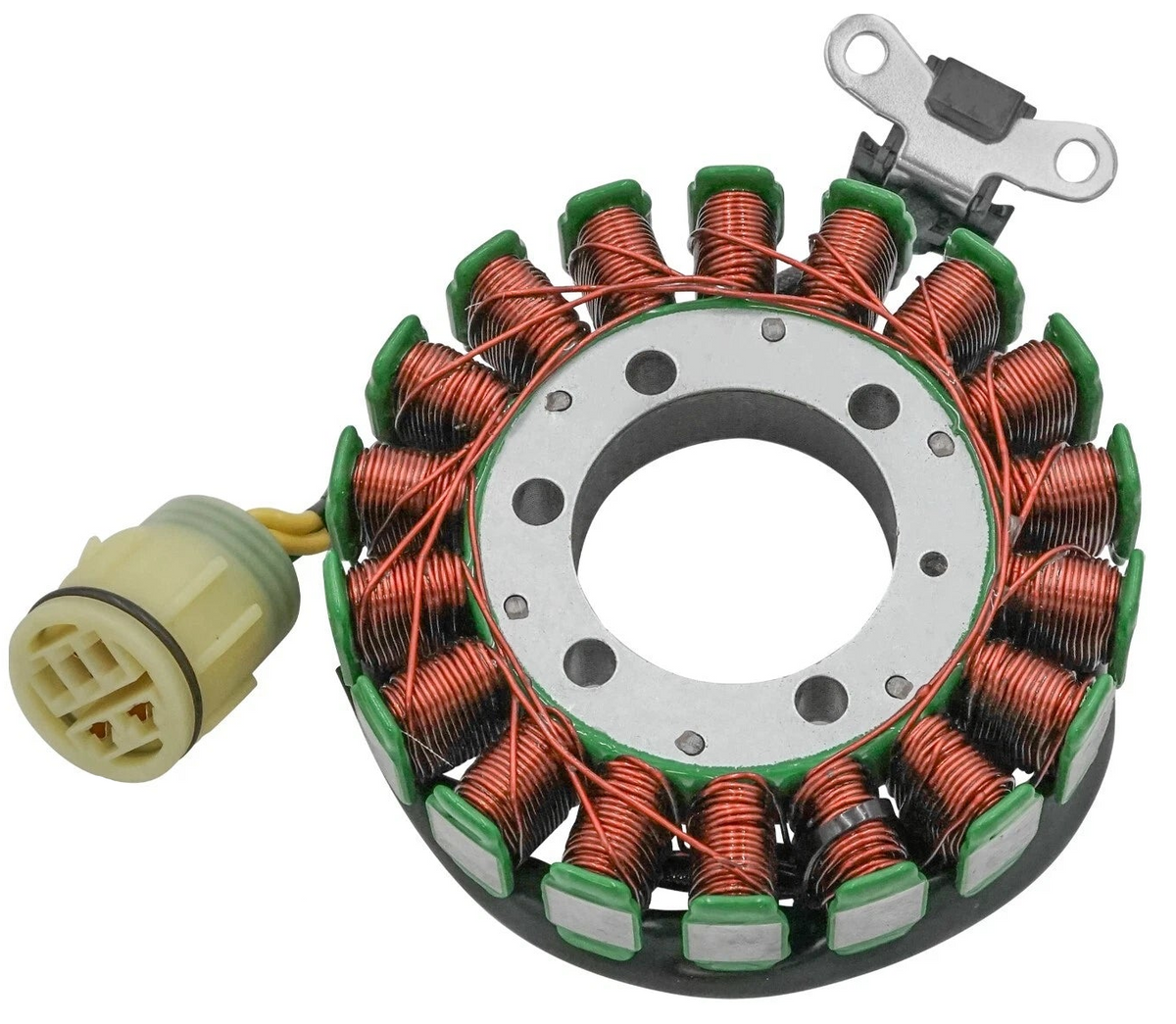 A motorcycle or scooter stator assembly with copper windings, a green terminal ring, a metal core, a black cooling finned component, and a beige electrical connector, shown on a white background.