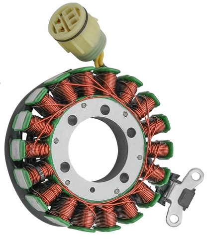 A motorcycle or scooter stator assembly with copper wire coils, a black metal heat sink, a beige electrical connector, and mounting hardware on a white background.
