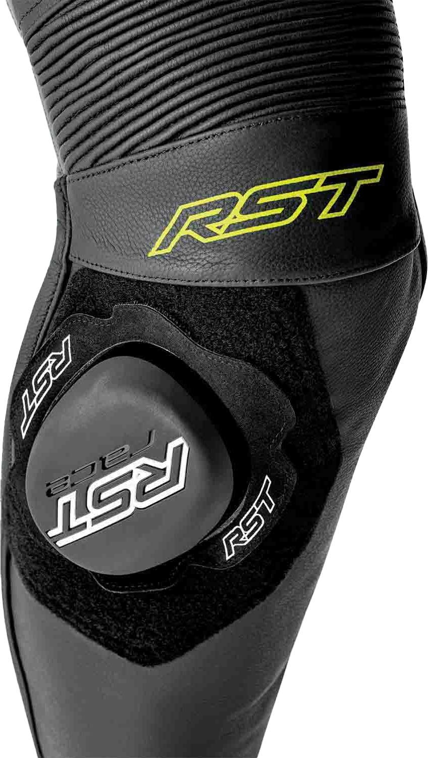 RST S1 D3O Leather Suit with Level 1 Armor - Black, Gray, and Fluorescent Yellow, Size Small