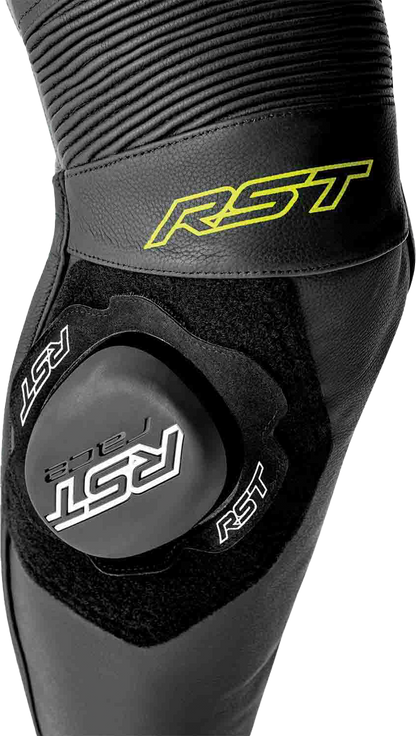RST S1 D3O Leather Suit with Level 1 Armor - Black, Gray, and Fluorescent Yellow, Size Small