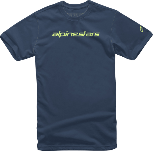 Alpinestars Linear Wordmark T-Shirt - Navy/Lime - 2XL, Part Number 12127202070362X - Kelly Motorsports