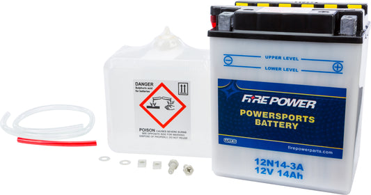 Fire Power 12N14-3A 12V Motorcycle Battery with Acid Pack for Kawasaki and Yamaha Models