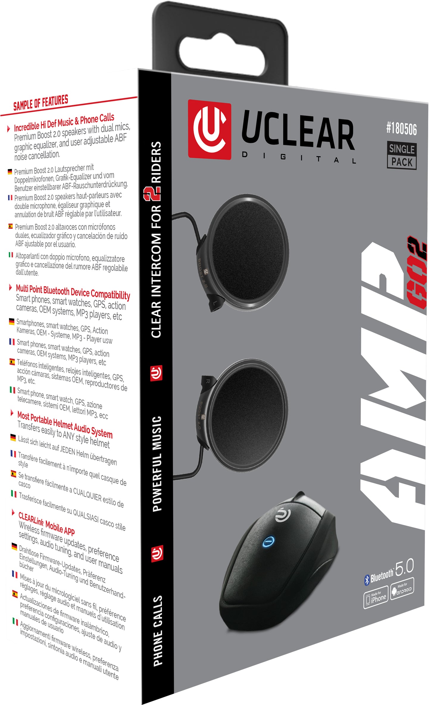 UCLEAR Amp Go2 Bluetooth Helmet Audio System - Single & Dual Rider Intercom with Noise Cancellation