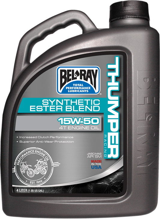BEL-RAY Thumper Synthetic Blend 4T Oil 15W-50 - 4L | Part No. 99530-B4LW - Kelly Motorsports
