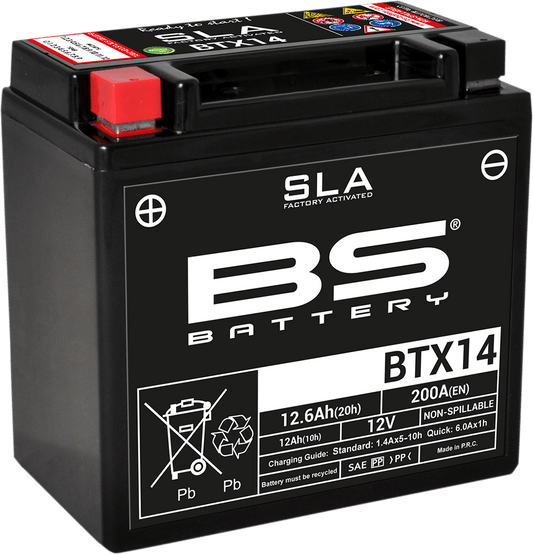 BS BATTERY BTX14 (YTX) 300681 Absorbed Glass Mat (AGM) Maintenance-Free Motorcycle Battery - Kelly Motorsports