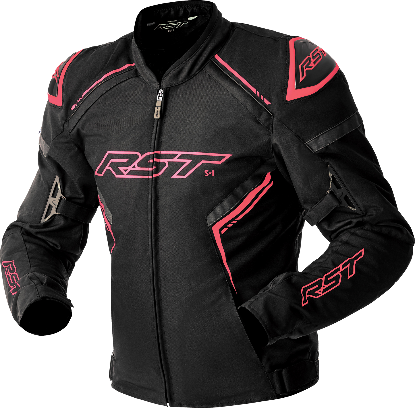 RST Women's S1 D3o Textile Jacket in Black and Fluorescent Pink, XL