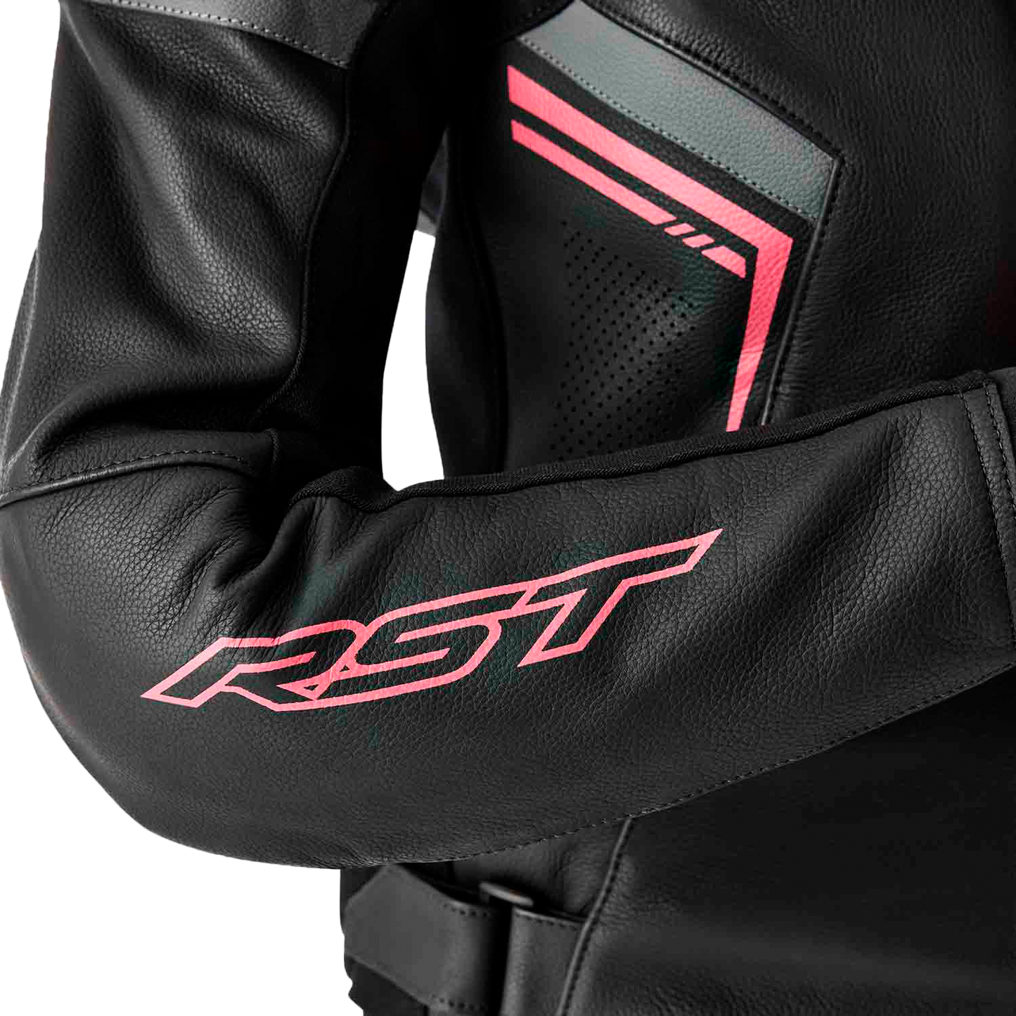 RST Women's S1 D3o Leather Jacket Black and Fluorescent Pink, Size XS