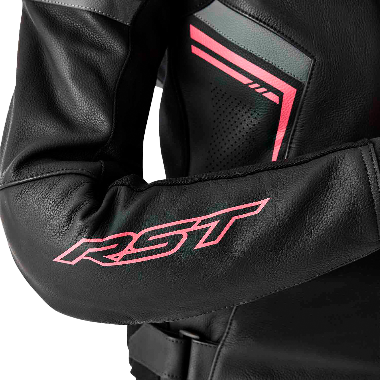 RST Women's S1 D3o Leather Jacket Black and Fluorescent Pink, Size XS