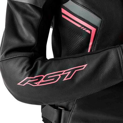 RST Women's S1 D3o Leather Jacket Black and Fluorescent Pink, Size XS