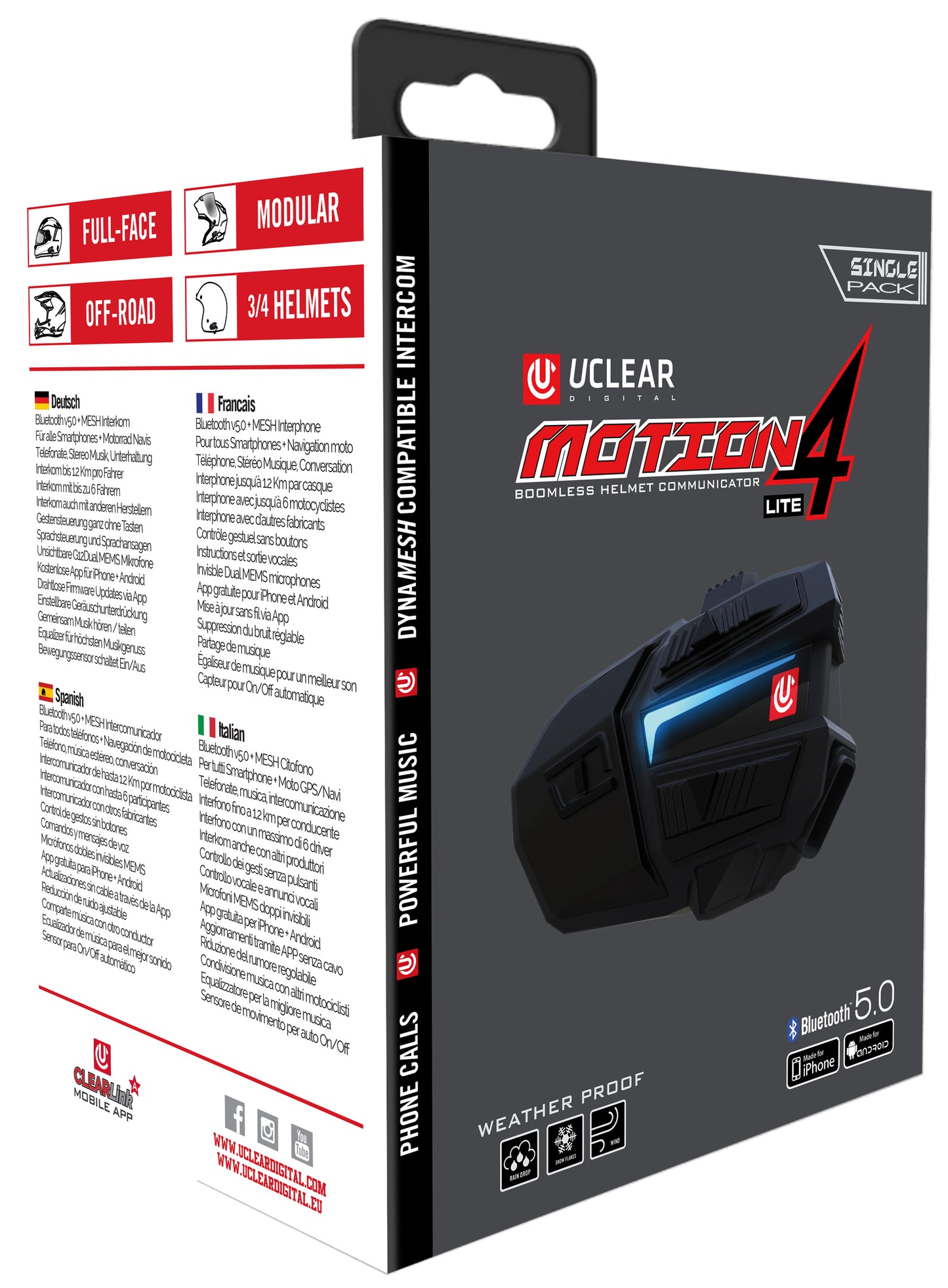 UCLEAR Motion 4 Lite Bluetooth Communicator with Multi-Rider Intercom and Weatherproof Design